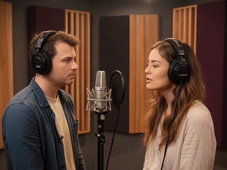 Recording engineer listening beside a vocalist in an acoustically treated live room