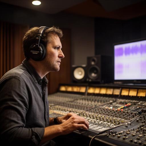 Lead recording engineer at a studio console listening to a vocal session