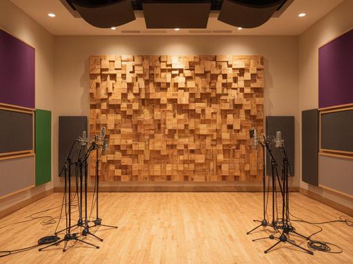 Wide live room with timber diffusion panels and acoustic treatment prepared for a band session