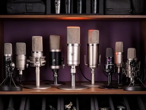 Neumann, AKG, and Shure microphones arranged in a professional studio locker
