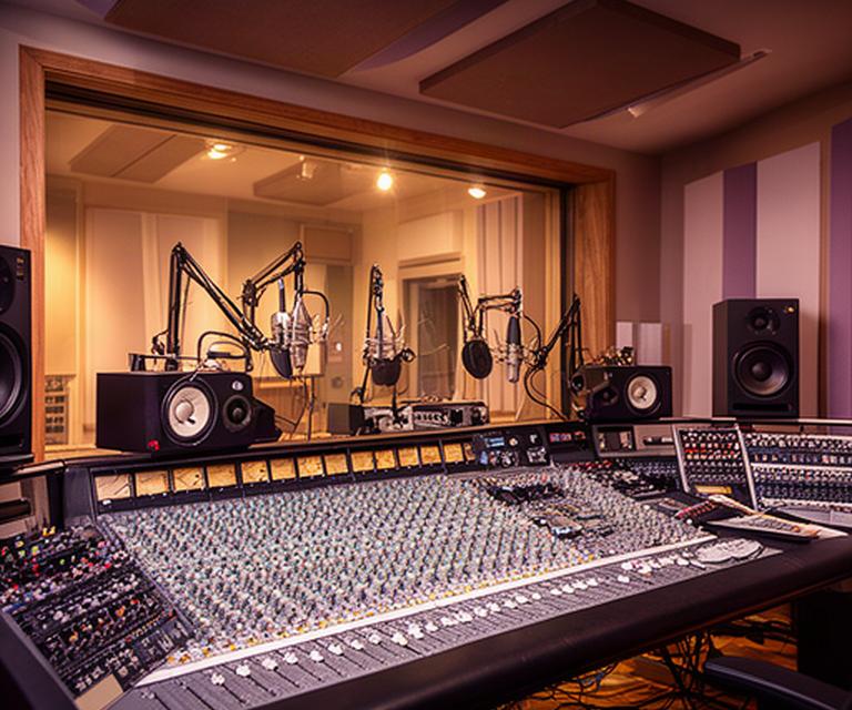 Warmly lit recording studio interior in Farmers Branch with a large console, microphones, and acoustic panels