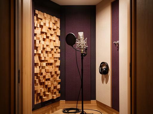 Compact vocal booth with acoustic diffusion, bass treatment, and a studio microphone