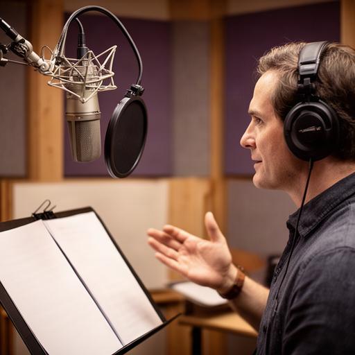 Voice-over director guiding a narrator beside a studio microphone and script stand