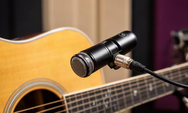 AKG C451 condenser microphone positioned toward an acoustic guitar in a recording studio