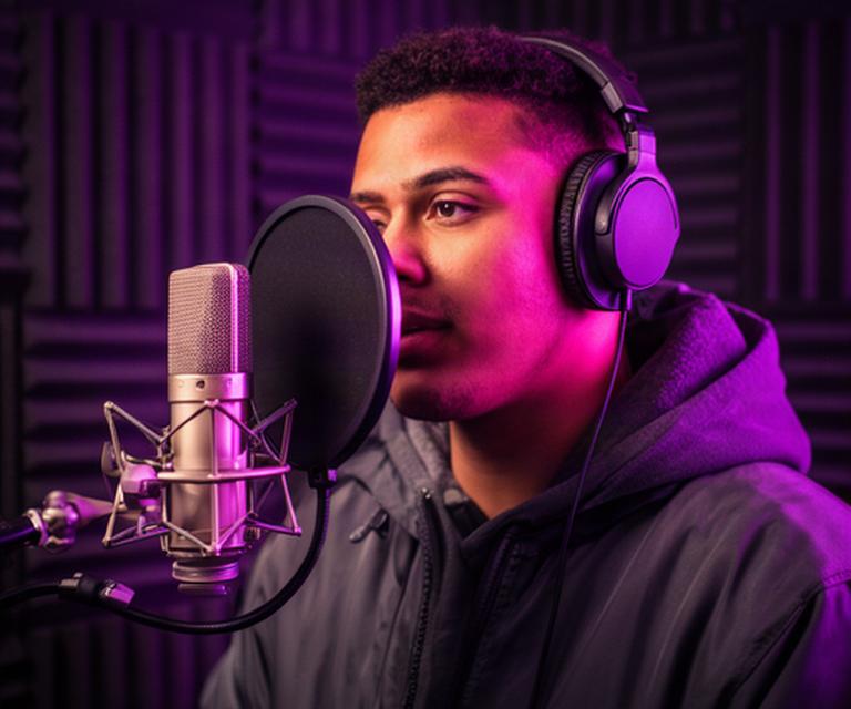 Hip-hop artist recording vocals behind a pop filter in a purple-lit studio booth