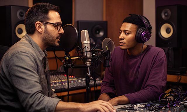 Recording engineer adjusting a mixing console beside a vocalist in a softly lit Farmers Branch studio