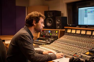 Audio engineer at a large console in a warm recording control room