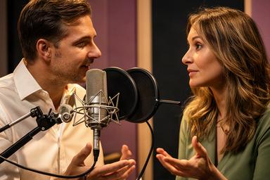 Voice director coaching a narrator beside a studio microphone and pop filter