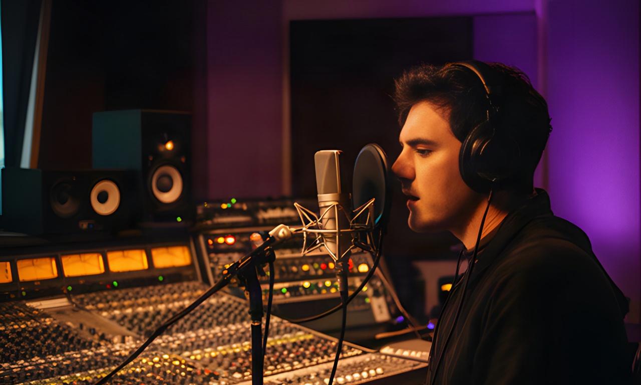 Musician recording vocals beside a large studio console in a warmly lit Farmers Branch control room