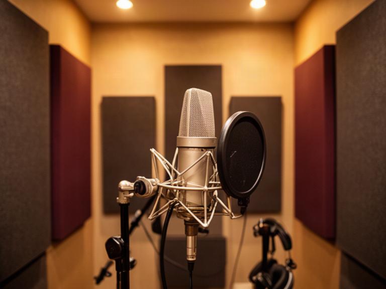 Acoustically treated North Dallas vocal booth with Neumann microphone, pop filter, and warm mood lighting