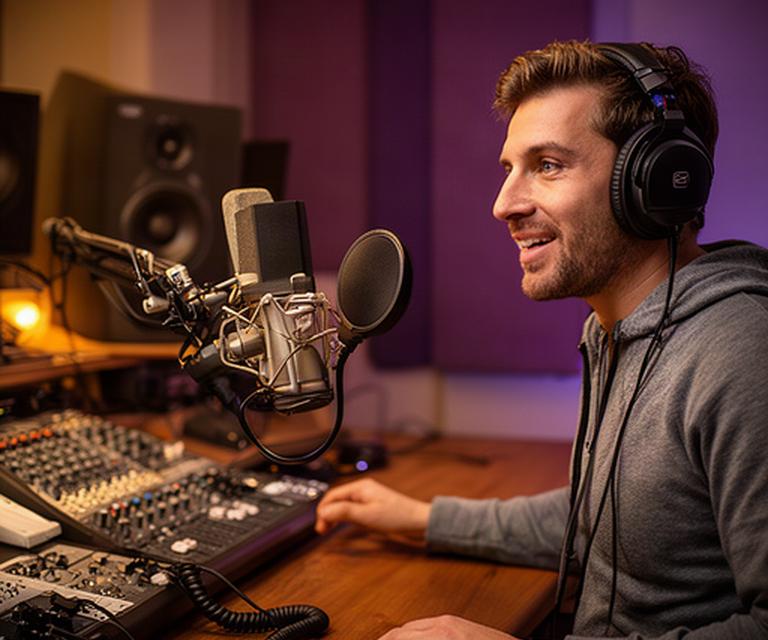 Podcast host speaking into a broadcast microphone at a warmly lit recording desk with headphones and mixing controls