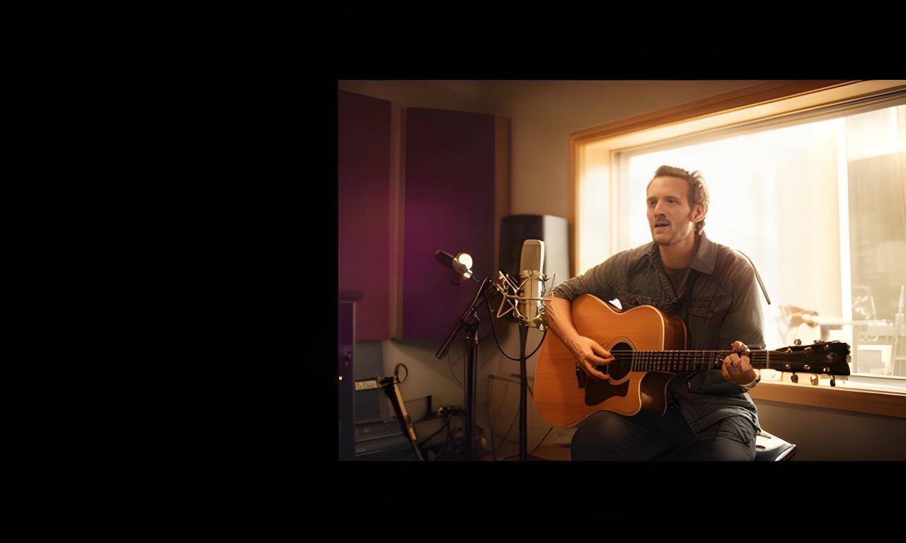Singer-songwriter playing acoustic guitar beside a large studio window in a softly lit Farmers Branch recording room
