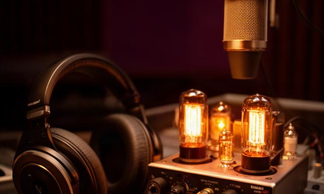 Valve microphone preamp beside vocal headphones and a studio microphone in warm amber light