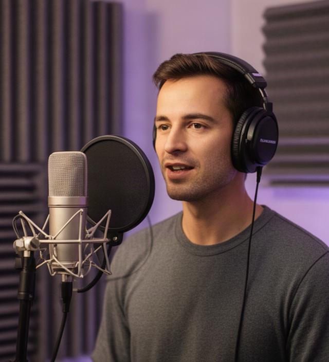 Voice actor recording corporate narration inside an acoustically treated studio booth with a large-diaphragm microphone